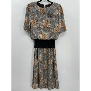 ORLEON DE PARIS Vintage Floral Smocked Waist Brown Black Pleated Dress Size 10